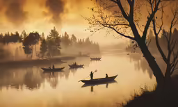 a painting of boats in the water with people on them