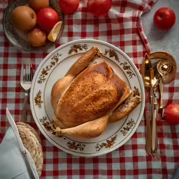the whole chicken on the plate is on the table next to apples