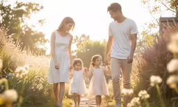 family walking along a path at sunset