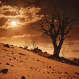 the sun peeking over the horizon behind a bare tree on a dune
