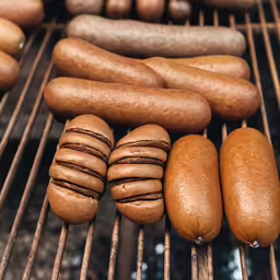 two hotdogs sitting on a grill with buns on top