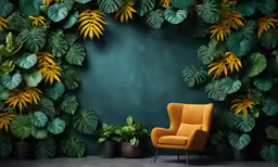 a chair and plant in front of a green backdrop