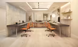large room with tables and chairs with lights on