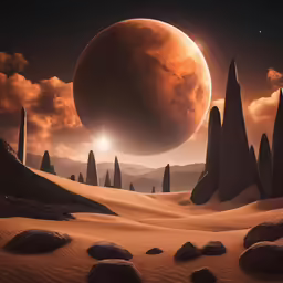 a rocky landscape with a large moon, and some trees