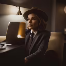 woman in dark suit and fedora sitting on a chair next to a lamp