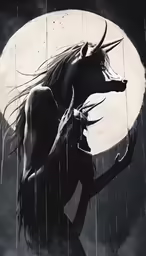 a person with long hair standing under a wolf