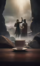 two women standing in front of a cave with a cup of tea