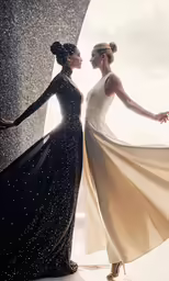 two women in dresses standing together near one another