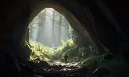 a man standing under a large cave tunnel