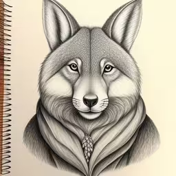 the black and white drawing of a fox is shown on paper
