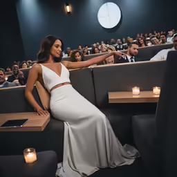 a woman in a white gown sitting at a table with people watching