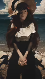 a beautiful woman sitting on top of a beach
