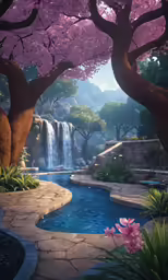 a pool and waterfall in a lush green forest