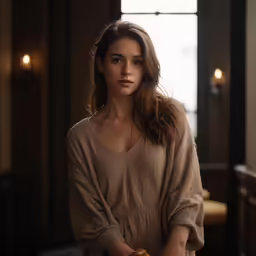 a woman is standing in an empty room with a plate of food