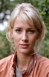 a beautiful blond woman in an orange top