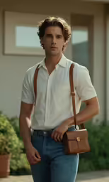 the young man in a short sleeved shirt is carrying his purse