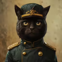 black cat dressed as an officer and in uniform