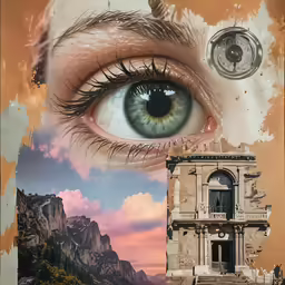 a collage of a building and an eye with a sky background