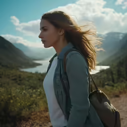 woman carrying backpack looking at mountains, river or valley