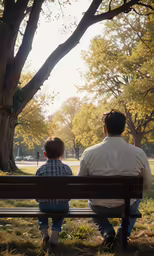 a man and his son are sitting on a bench under the tree