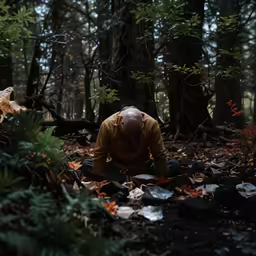 a person kneeling down on leaves in a forest