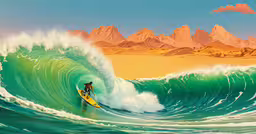 a man surfing on an ocean near mountains,a man on a surfboard is riding the crest of a big wave