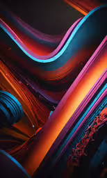 many colorful colored tubes are stacked in the dark,colorfully painted curved curves in black and orange