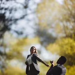 a woman dressed in business attire throwing up a frisbee
