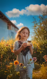 a girl holding a cup of coffee in a field of flowers