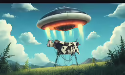 the cow is floating above the sky with a huge hot air balloon