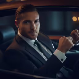 a man is sitting in a car in a suit