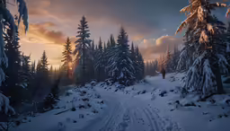 a photo taken at sunrise on a snow covered road