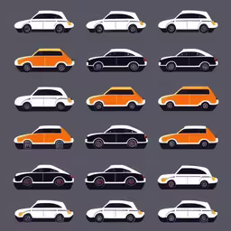 a group of cars sitting in a circle on top of a gray surface,various types and colors of different cars on a gray background,various versions of classic car types and their features,an illustrated representation of different types of cars,the illustrated car in different sizes and colors