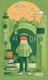 a cartoon character is standing in an entrance,a boy standing in front of a green background with an orange sun above his head