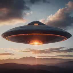 a huge silver spaceship floating over a mountain range