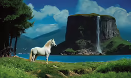 a white horse is standing in a grassy area near the water