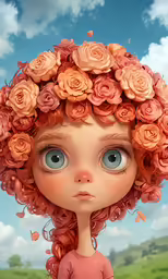 a painting of a girl with large blue eyes and large rose - shaped hair