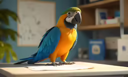 a parrot with colorful feathers is standing on the edge of a desk