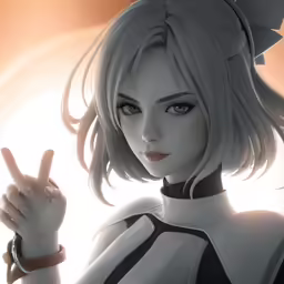 an animated character poses with her hand and gestures