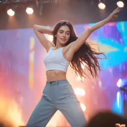 a woman in jeans is dancing on stage