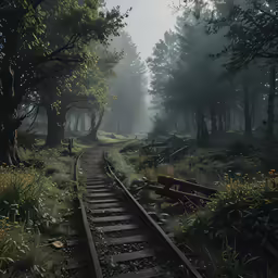 a train track near a grove of trees
