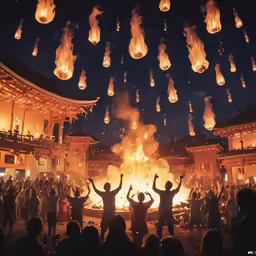 people standing in front of a large fire with lanterns above