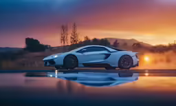 a white car driving on a wet road