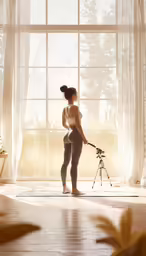 a beautiful woman in a white shirt and grey tights