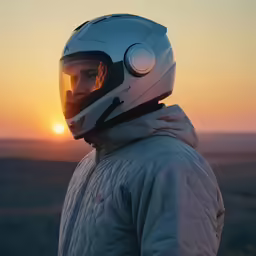 person wearing helmet standing on hillside with sun setting behind them