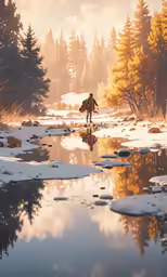 a man on a snow covered mountain crossing water with a large puddle