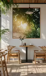 a sunny dining area of an outdoor cafe with tables and chairs