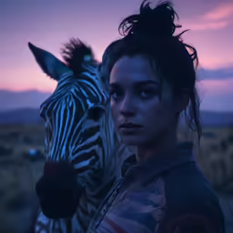 a beautiful woman next to a zebra in a field