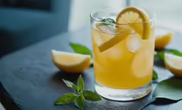 there is a glass of iced lemon tea with lime on the side