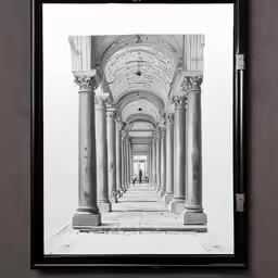 a person walking down a long hall lined with columns